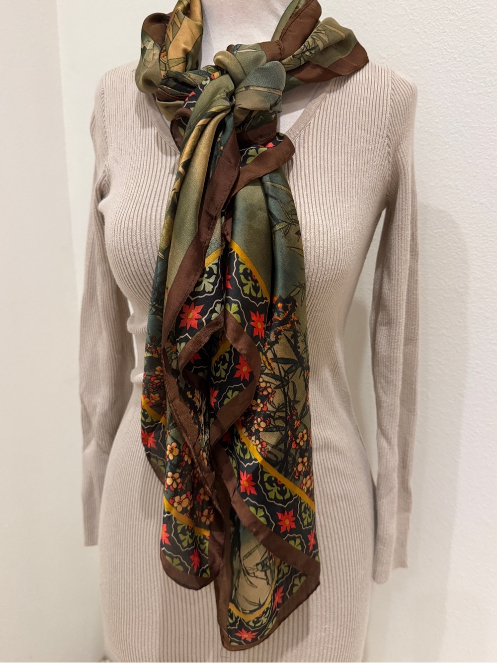 Silk-Feel Floral Pattern Scarf in Olive and Brown